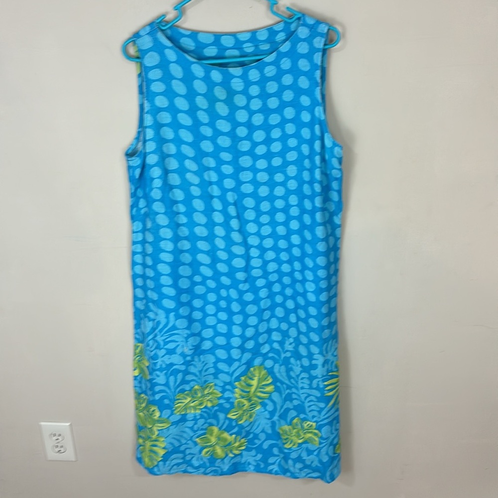 Vintage  IVY Sleeveless Linen Tropical Polkadot Turquoise Dress L Made in USA